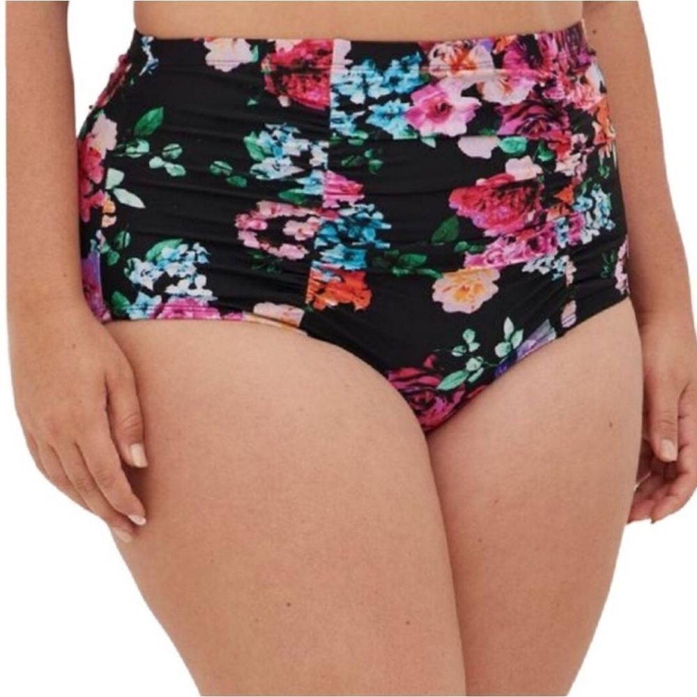 Torrid Black Colorful Floral High Waist Ruched Bikini Swim Bottoms 3X